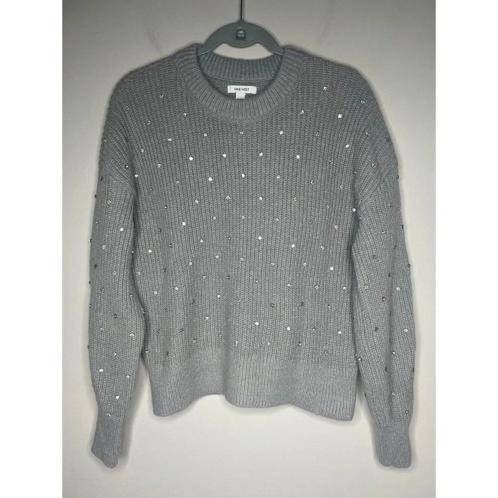 Nine West Gray Rhinestone Embellished Ribbed Sweater Size M Holiday Winter Glam